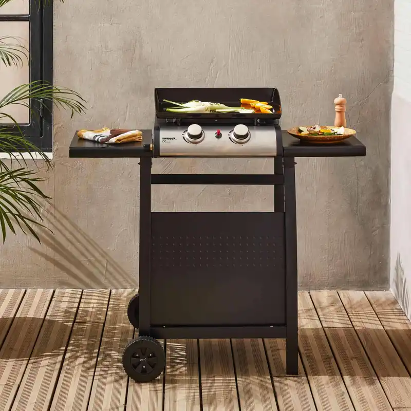 Plancha de gas de 2 quemadores 5kW con carrito y estante - Planchas de gas