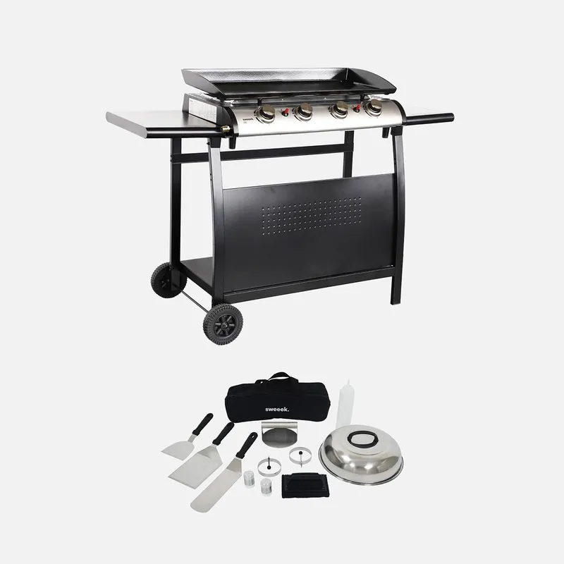 Plancha de gas de 4 quemadores 10kW de acero inoxidable con carrito y utensilios - Planchas de gas