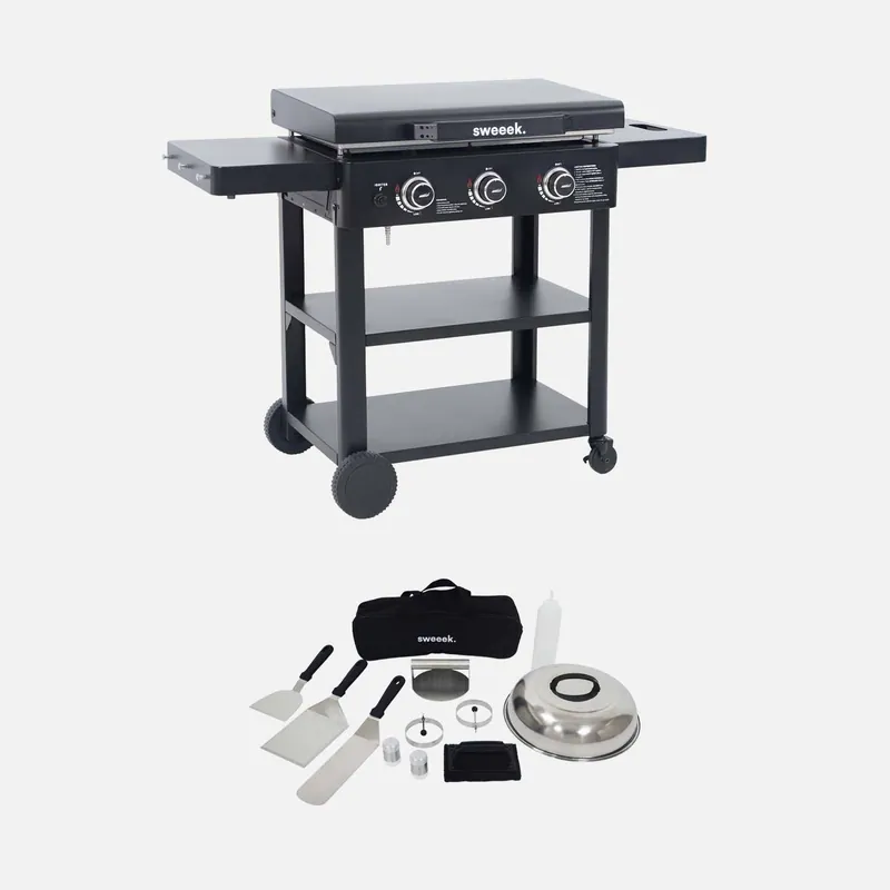 Plancha de gas 3 quemadores acero inoxidable 12kW con carrito y utensilios - Planchas de gas