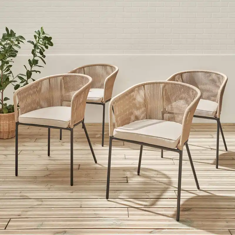 Sillón de jardín de cuerda y acero galvanizado, set de 4 - Sillas de jardín