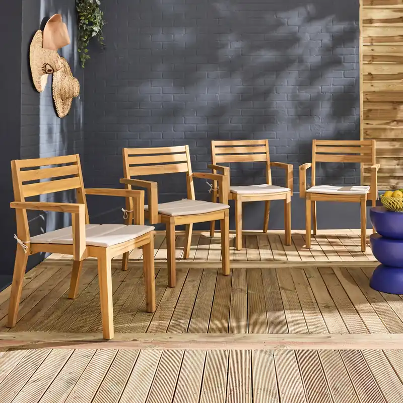 Silla de jardín de madera de acacia con cojín, set de 4 - Sillas de jardín