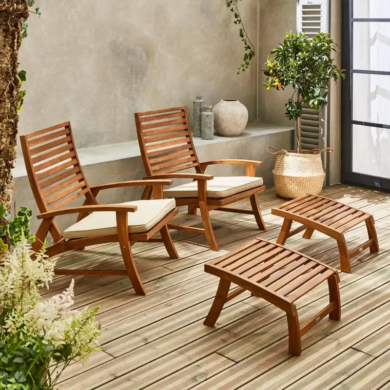 Silla con reposapiés de madera, set de 2 - Sillas de jardín