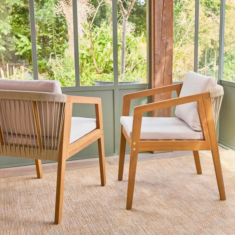 Sillón de jardín de madera de acacia con cuerdas, set de 2 - Sillas de jardín