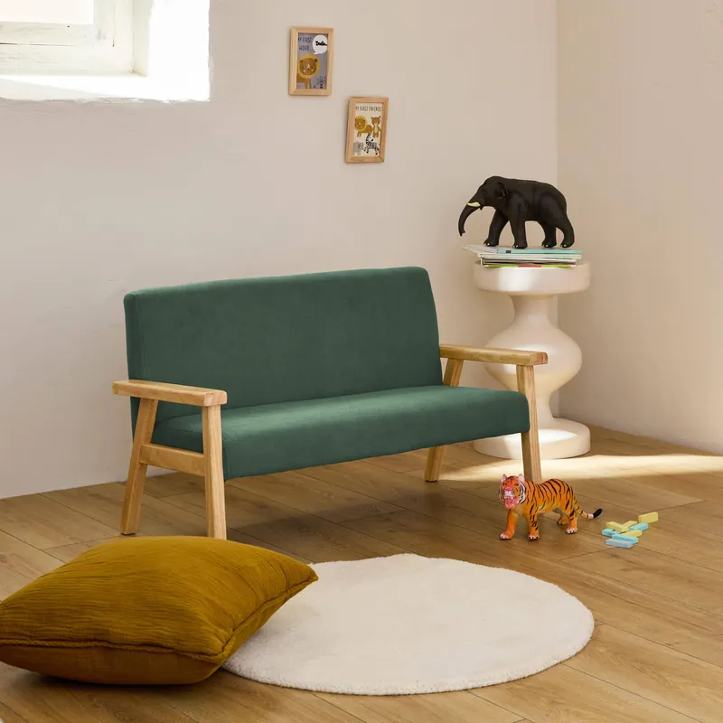 Banco infantil de pana y madera de caucho, 2 plazas - Mesas, sillas y taburetes infantiles