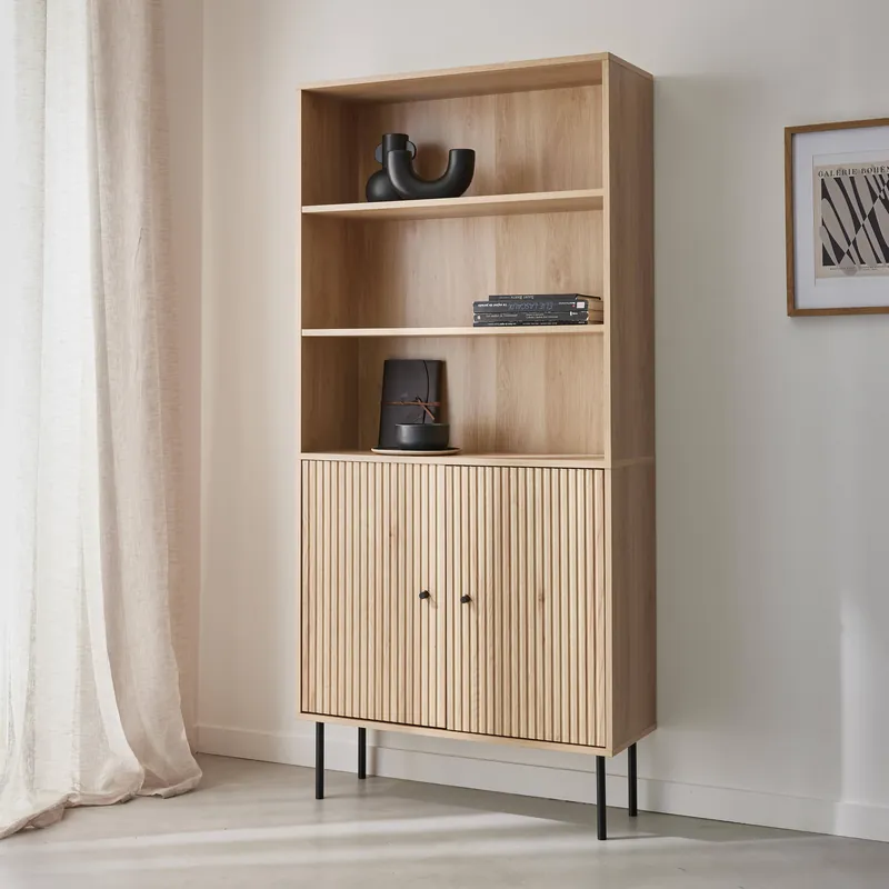 Librería de madera y metal negro con 2 puertas - Muebles de almacenamiento