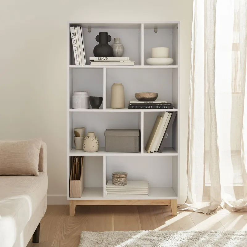 Biblioteca con patas de madera de 8 compartimentos - Muebles de almacenamiento