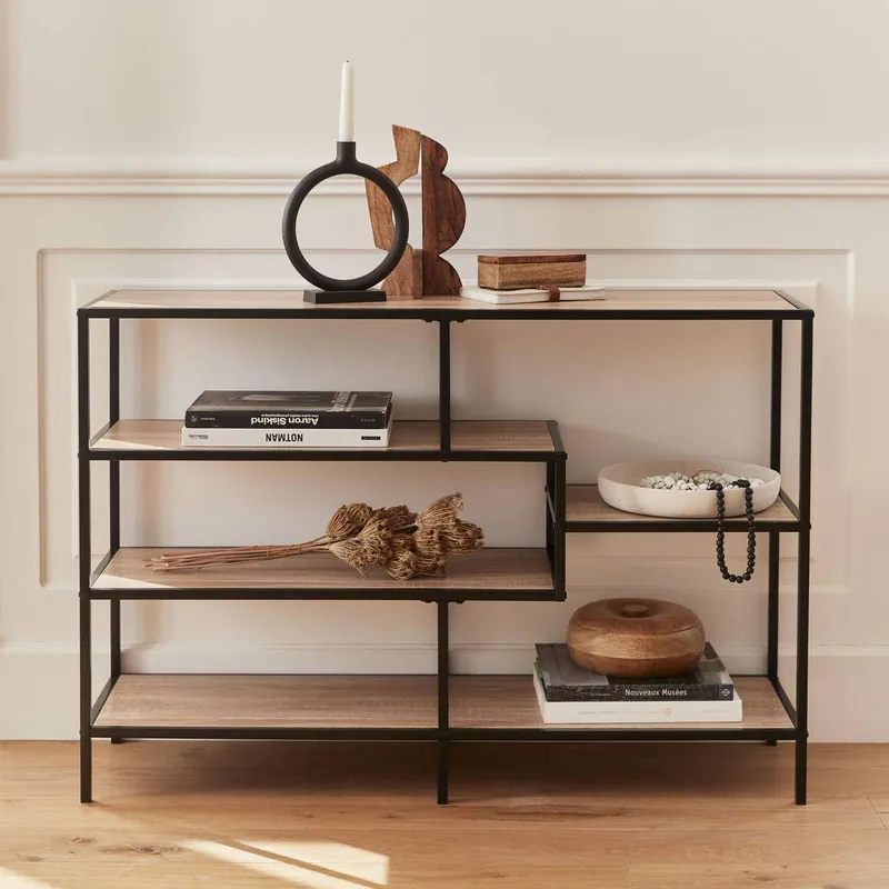 Estantería, biblioteca industrial de metal y efecto madera, 5 niveles - Muebles de almacenamiento