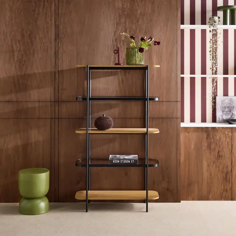 Estantería librería de vidrio, decoración de madera y metal, 5 niveles - Muebles de almacenamiento