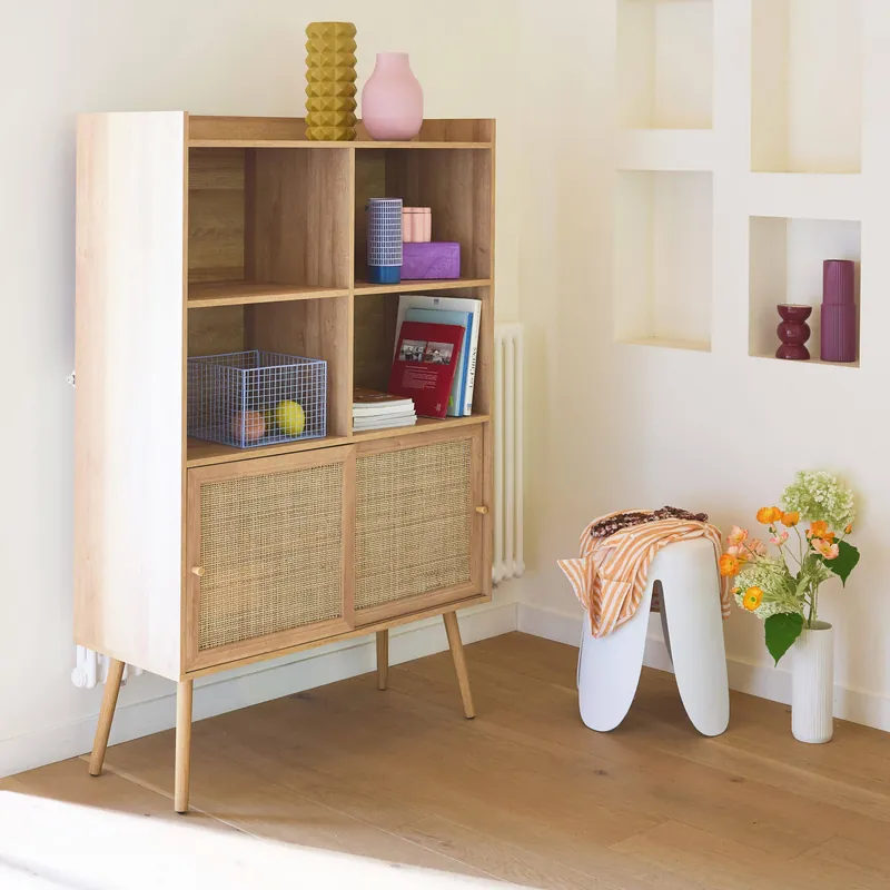 Librería de 5 estantes, puertas correderas, efecto madera y caña - Muebles de almacenamiento