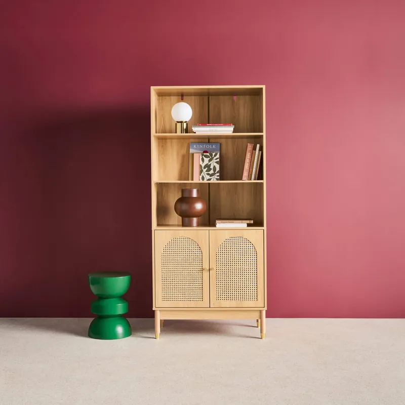 Estantería biblioteca decorativa de madera y mimbre 4 niveles, 2 puertas - Muebles de almacenamiento