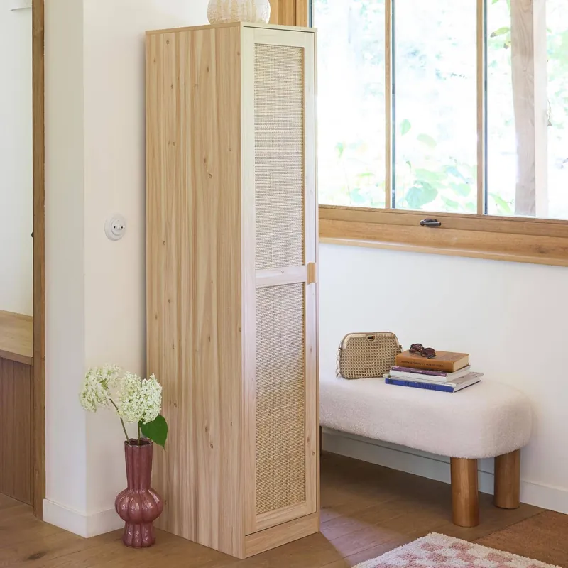 Armario vestidor efecto madera y caña con 1 puerta y 5 estantes - Armarios