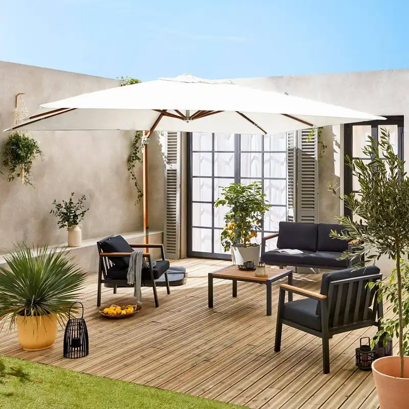 Parasol rectangular excéntrico poste efecto madera, 3x4m + placas de lastre 50x50cm - Parasoles y Sombrillas