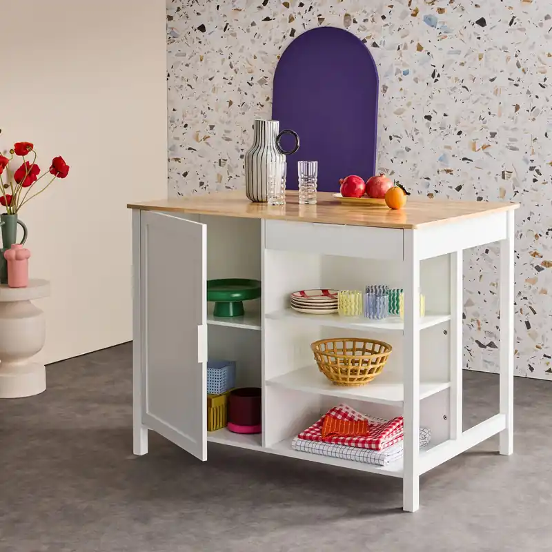 Isla de cocina con 5 estantes, 1 puerta, y 1 cajón - Carrito de cocina