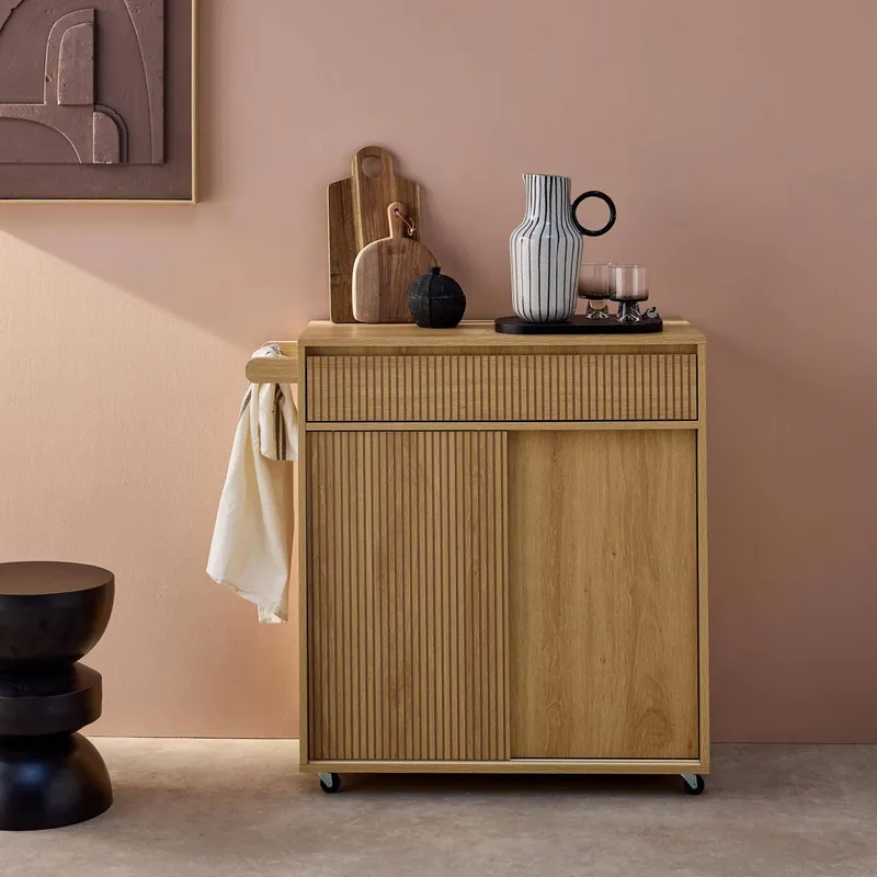 Carro de cocina de madera con 1 tirador y 1 cajón 2 puertas - Carrito de cocina