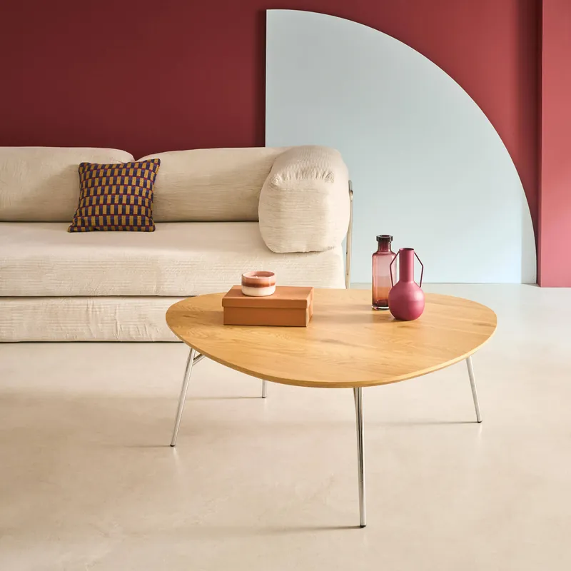 Mesa de centro triangular patas cromadas y efecto madera - Mesas de centro