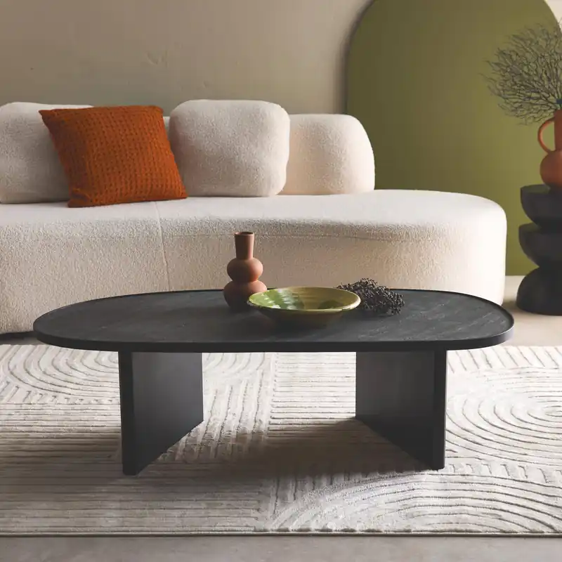Mesa baja ovalada de madera de mango y chapado en piedra - Mesas de centro