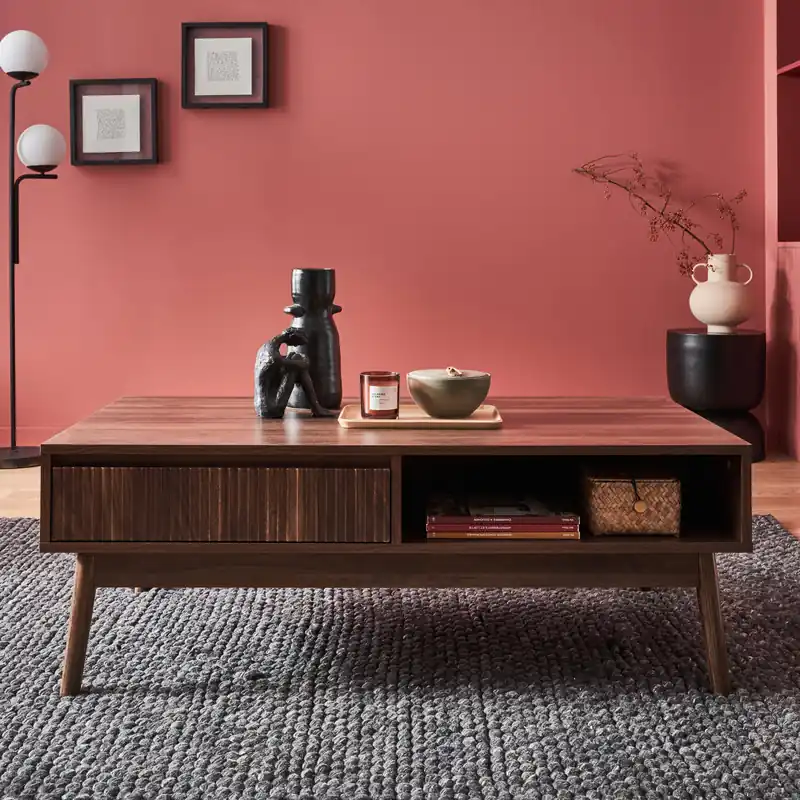 Mesa de centro con decoración de madera, 1 cajón - Mesas de centro