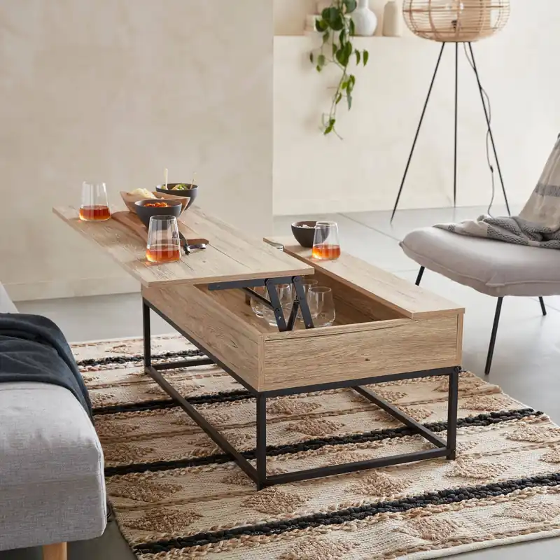 Mesa de centro industrial efecto madera, elevable - Mesas de centro