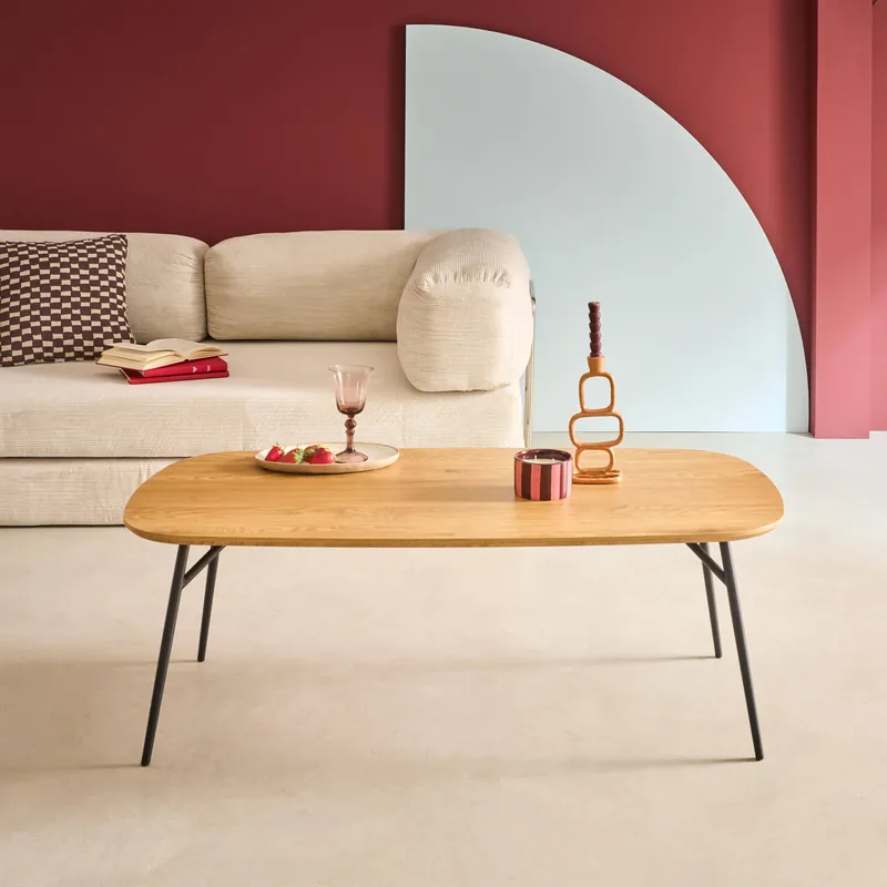 Mesa de centro rectangular con patas de metal negro y efecto roble - Mesas de centro