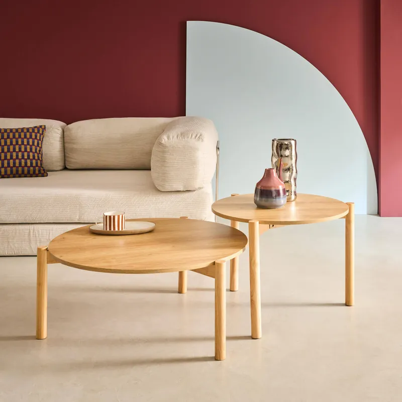 Mesas de centro nido redondas con efecto madera, set de 2