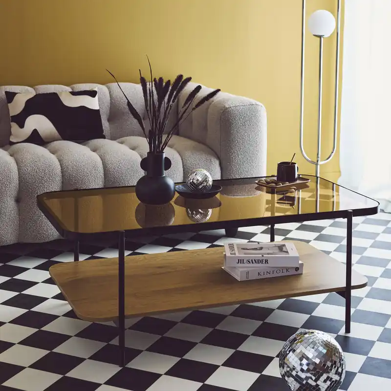 Mesa de centro vintage de metal negro con tapa de cristal y decoración de madera - Mesas de centro