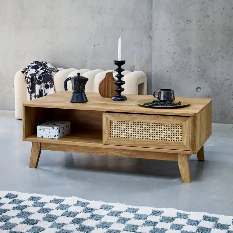 Mesa de centro con puerta corredera, 2 nichos, efecto madera y caña - Mesas de centro