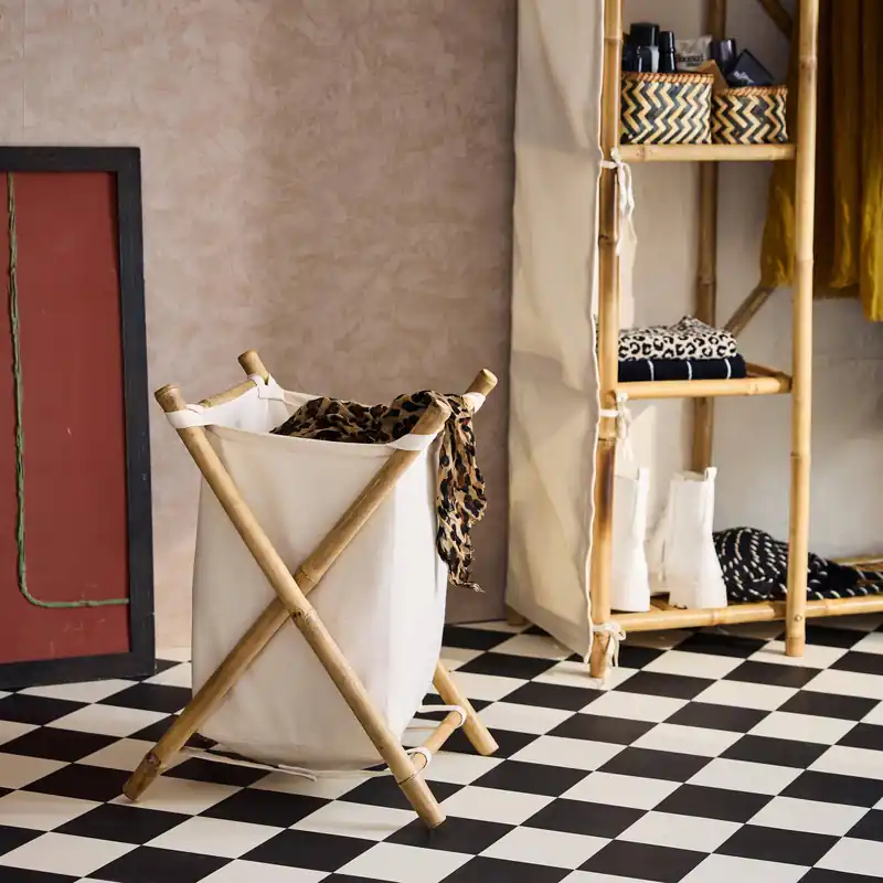 Cesto plegable de bambú y tela para la colada - Muebles auxiliares de cuarto de baño