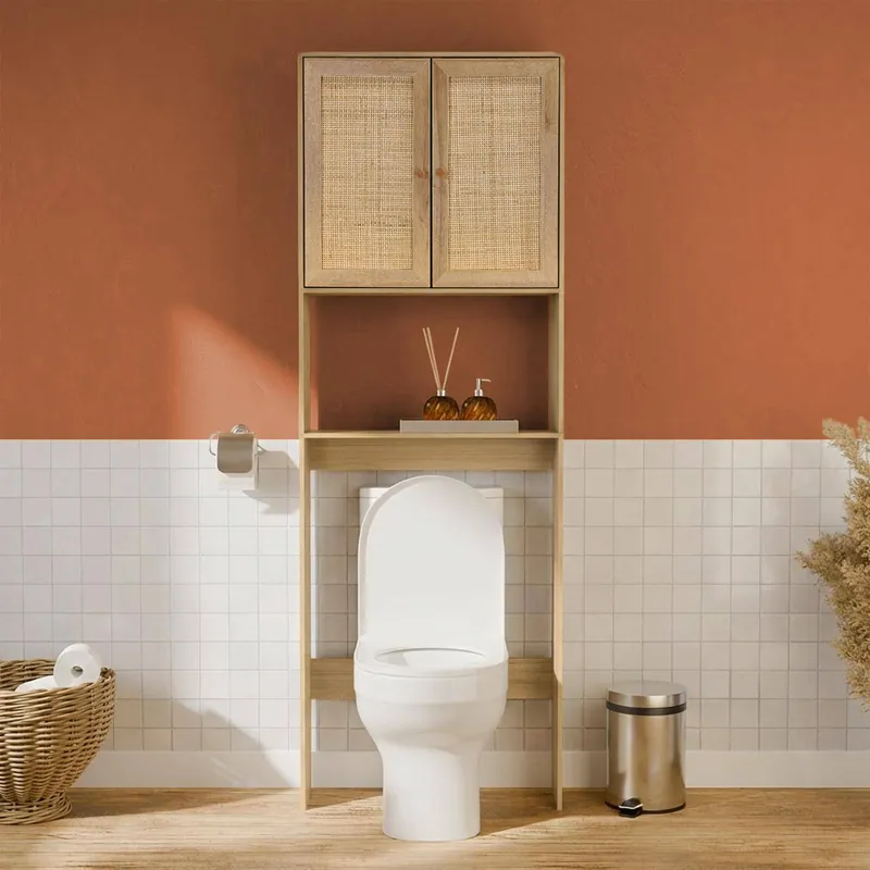Estante mueble de WC decorada en madera y caña - Muebles auxiliares de cuarto de baño