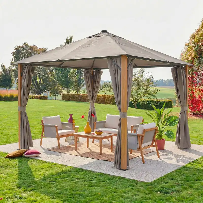 Gazebo de jardín 3x3m de aluminio efecto madera con cortinas y led - Pergolas y gazebos