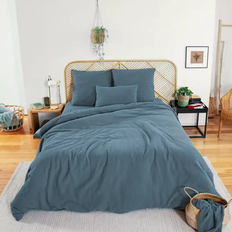 Ropa de cama de gasa de algodón azul oscuro - Camas de matrimonio
