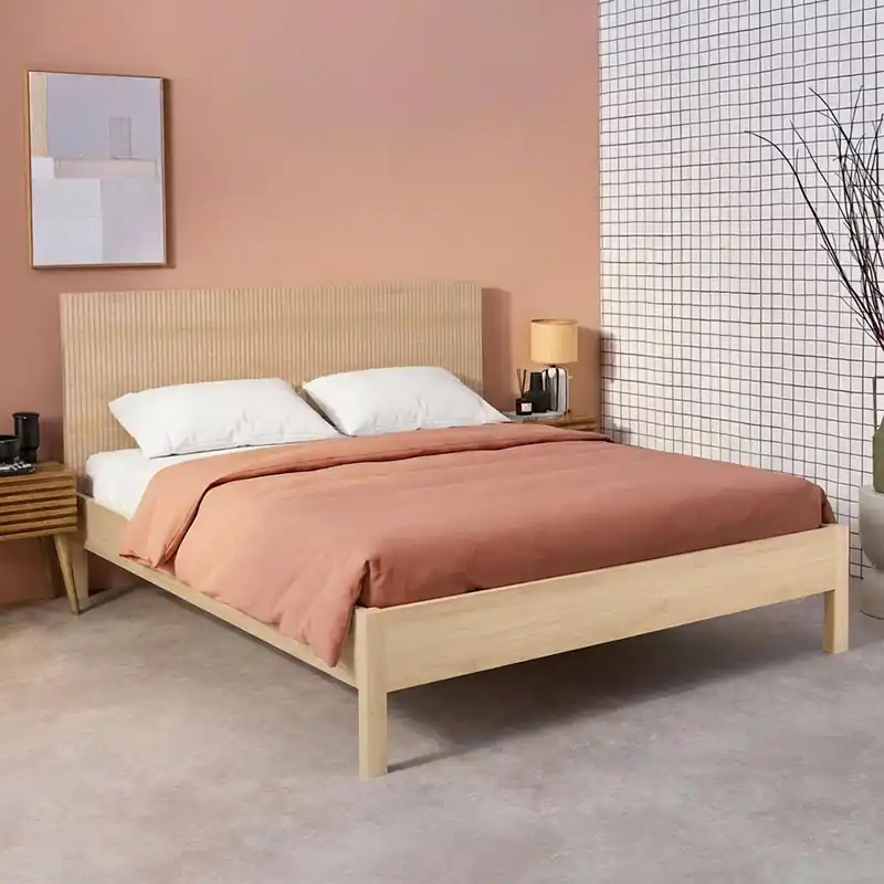 Cama con somier a láminas y cabecero 160x200cm, decoración madera - Camas de matrimonio