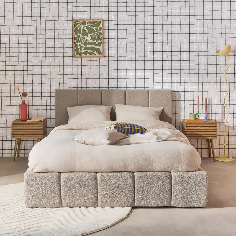 Cama baúl con somier a láminas y cabecero 140cm, acabado en borreguito - Camas de matrimonio