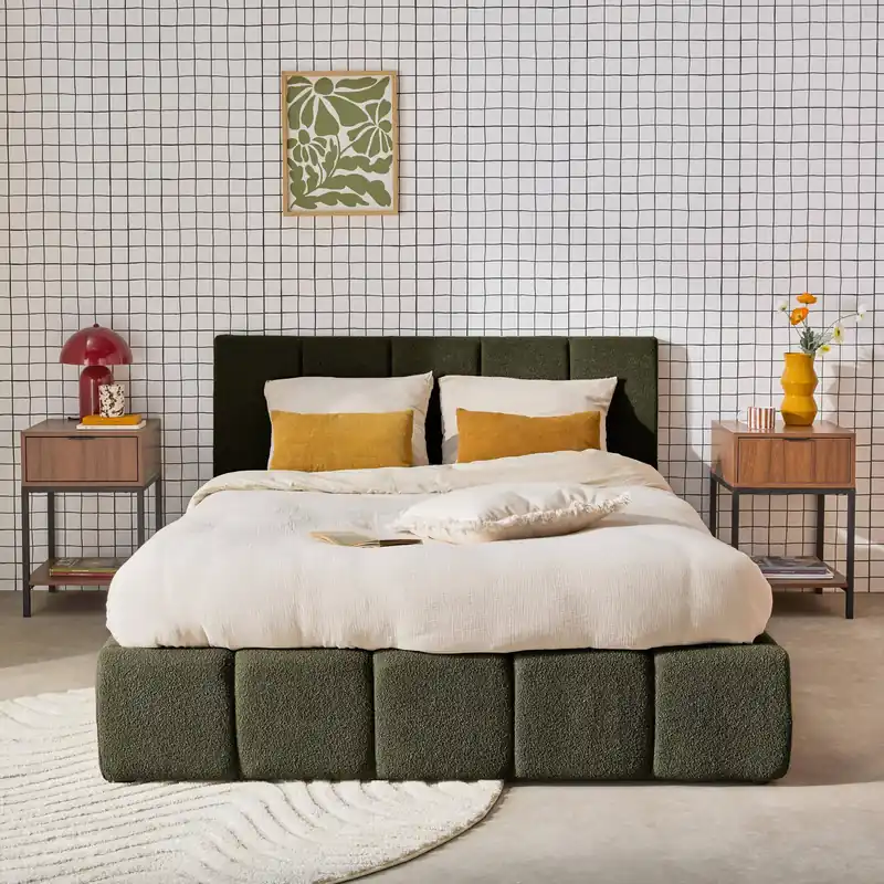 Cama con cajón con somier de láminas y cabecero 160x200cm, acabado en borreguito - Camas de matrimonio
