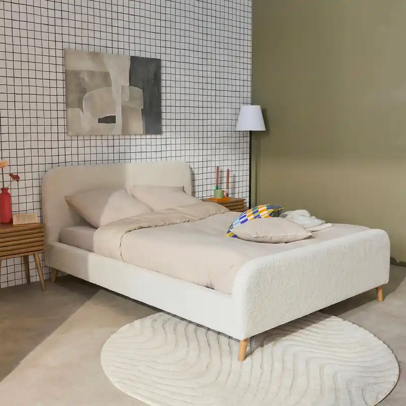 Cama con somier y cabecera tapizada borreguito, 140x190cm - Camas de matrimonio