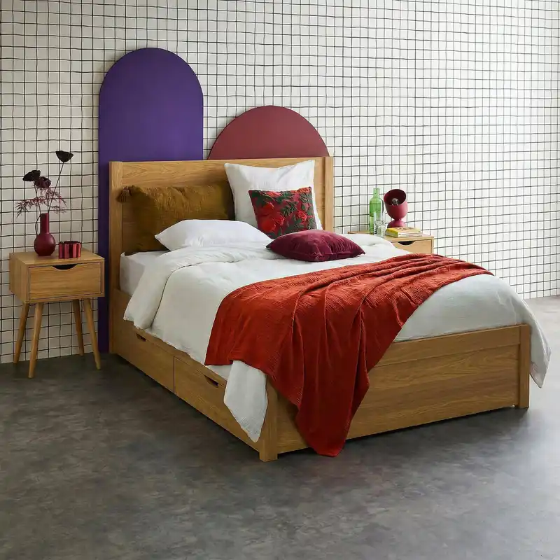 Cama con somier de láminas y cabecero, 140x190cm + 4 cajones decorativos de madera - Camas de matrimonio
