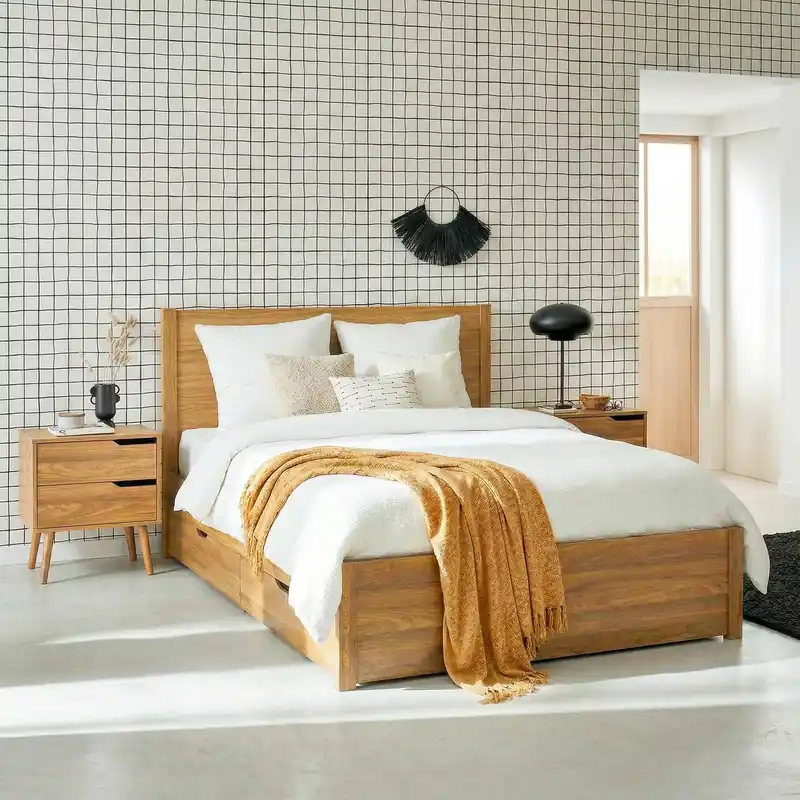 Cama con somier de láminas y cabecero, 160x200cm + 4 cajones decorativos de madera - Camas de matrimonio