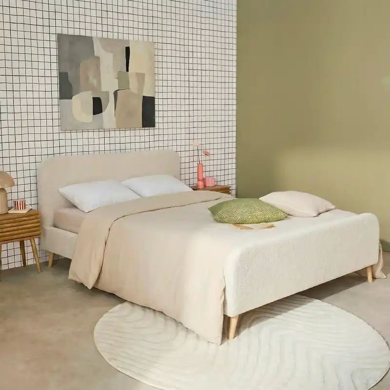 Cama con somier y cabecera tapizada borreguito, 160x200cm - Camas de matrimonio