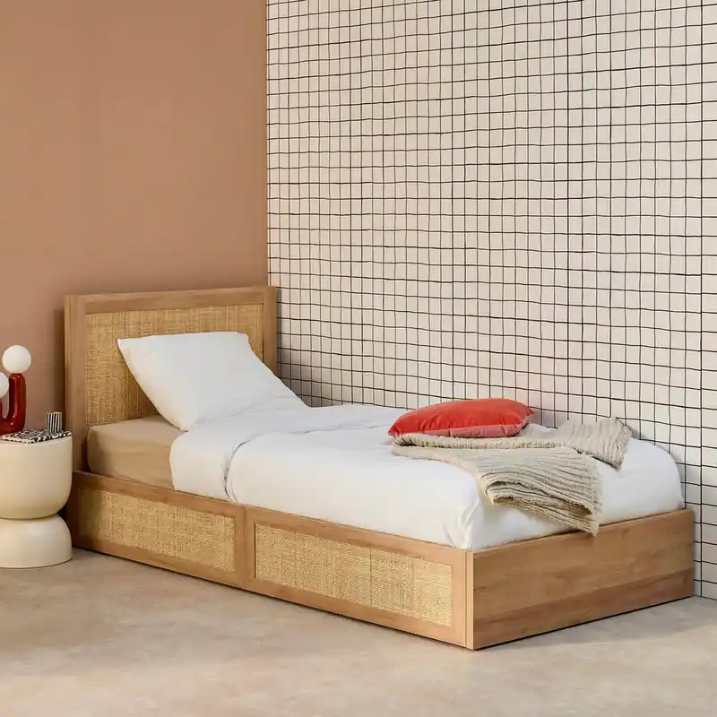 Cama bohemia con somier de láminas y cabecero 140x190cm + 2 cajones decorativos - Camas individuales