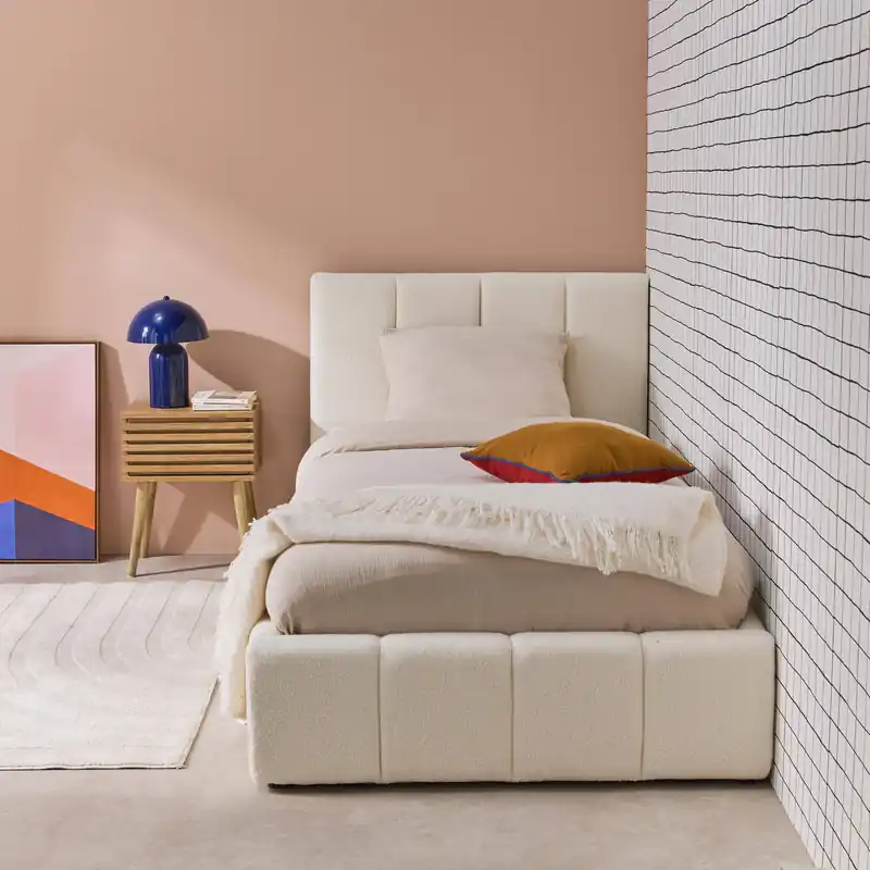 Cama baúl con somier de láminas y cabecera 90x190cm, acabado en borreguito - Camas individuales