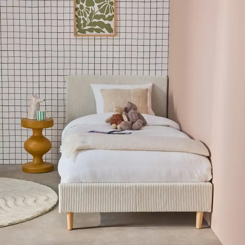 Cama con somier y cabecero 90x190cm, acabado en pana fina - Camas individuales