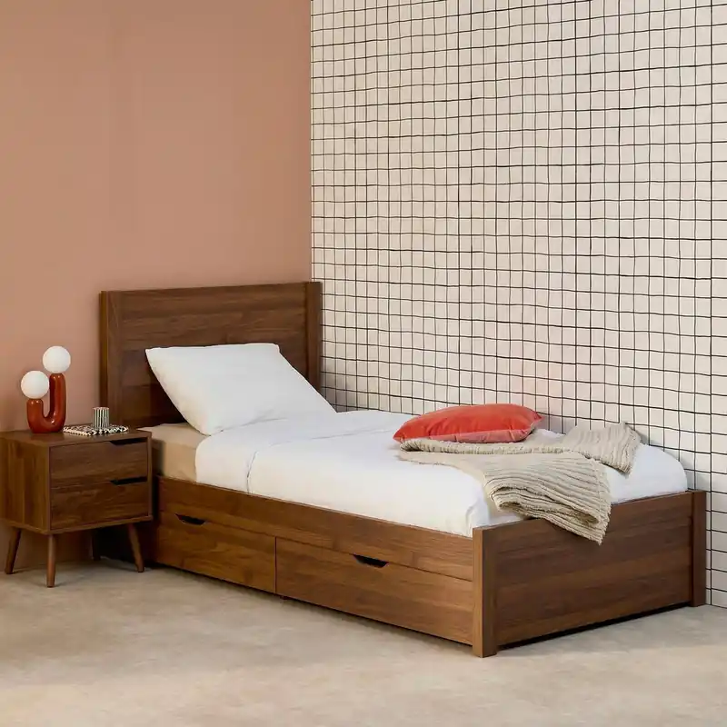 Cama con somier de láminas y cabecero, 90x190cm + 4 cajones decorativos de madera - Camas individuales