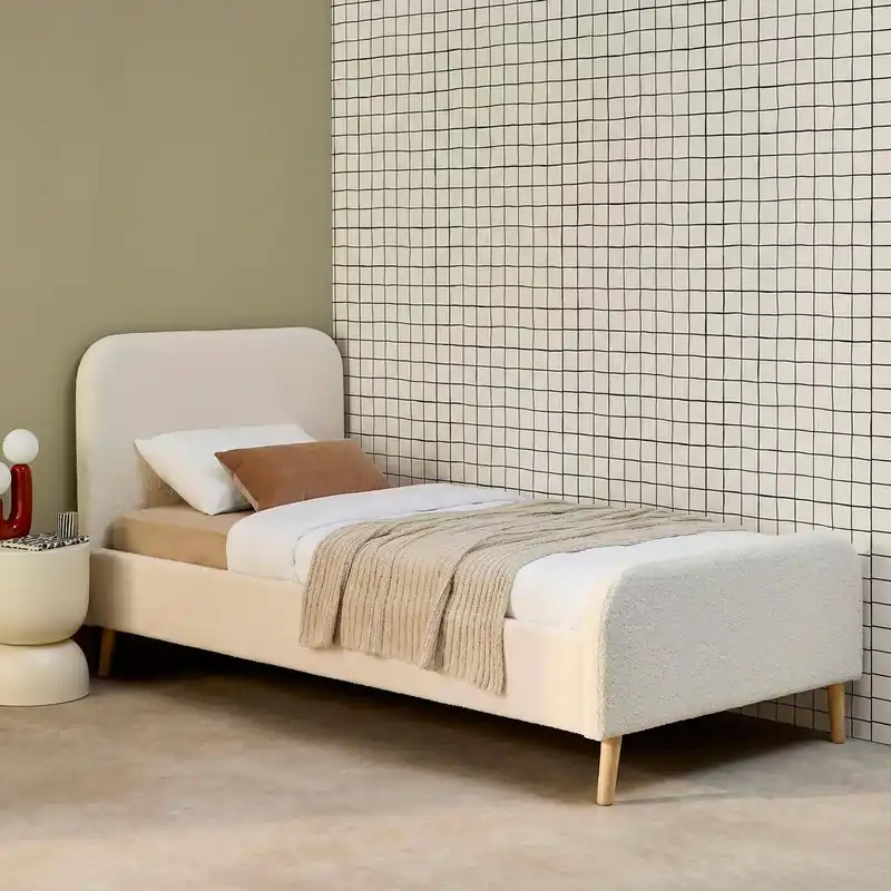 Cama con somier y cabecero acolchado borreguito, 90x190cm - Camas individuales