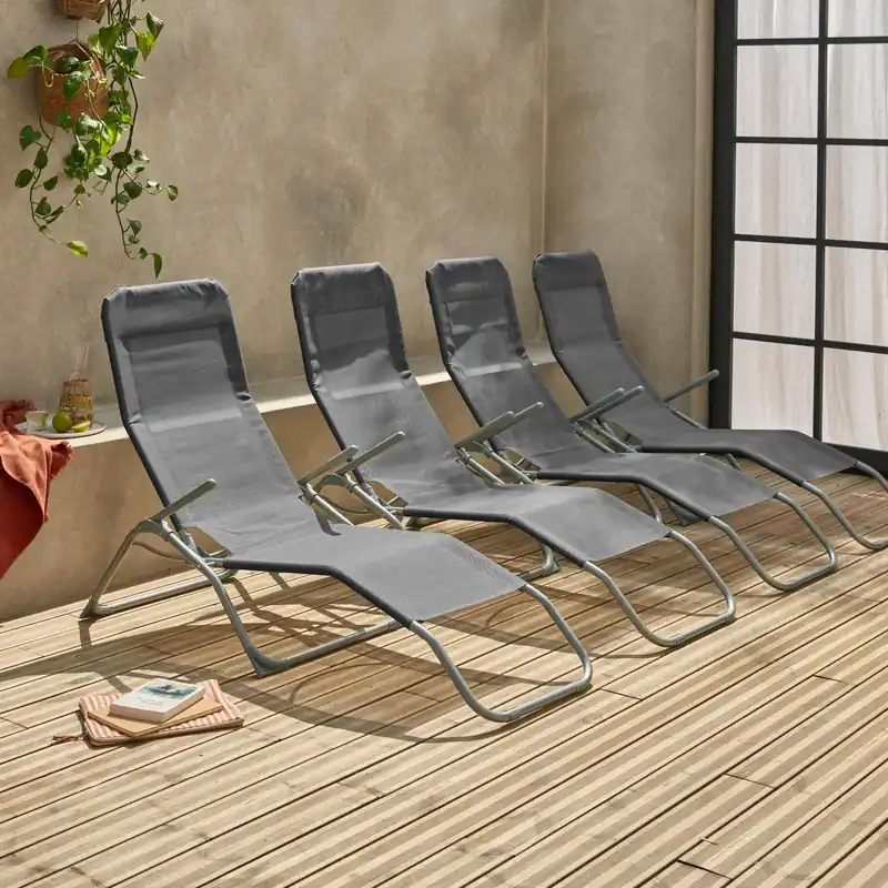 Tumbona plegable de textileno con 2 posiciones, set de 4 - Tumbonas