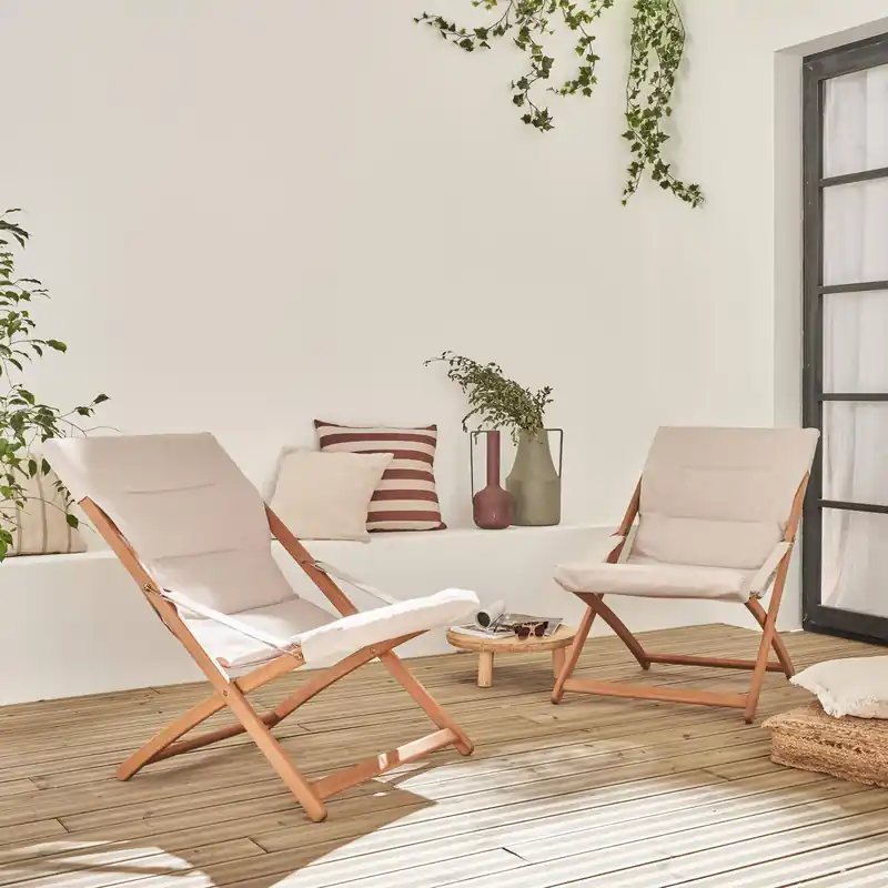 Tumbona de madera plegable con asiento acolchado, set de 2 - Tumbonas