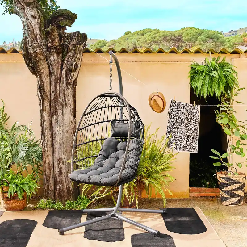 Sillón colgante de jardín tipo huevo de acero y poliéster - Tumbonas