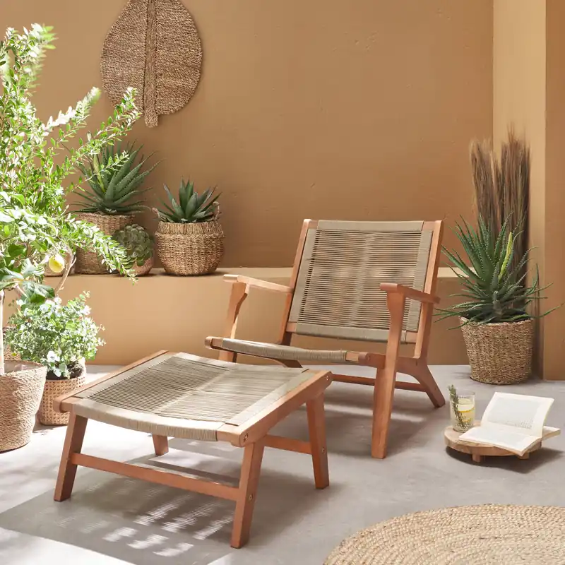 Silla de jardín de madera y cuerda con reposapiés - Tumbonas