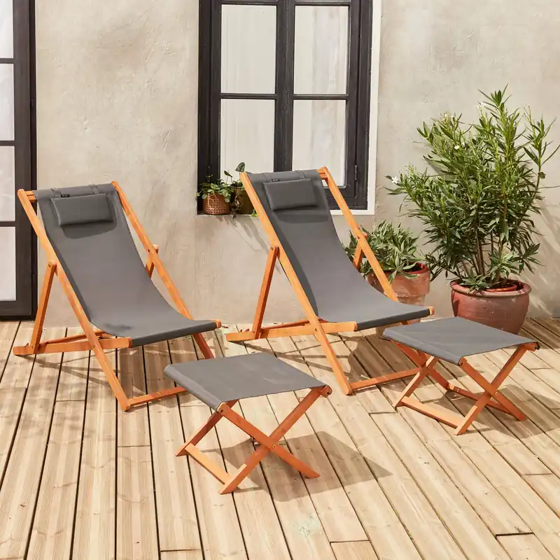 Tumbona y reposapiés de madera de eucalipto, set de 2 - Tumbonas