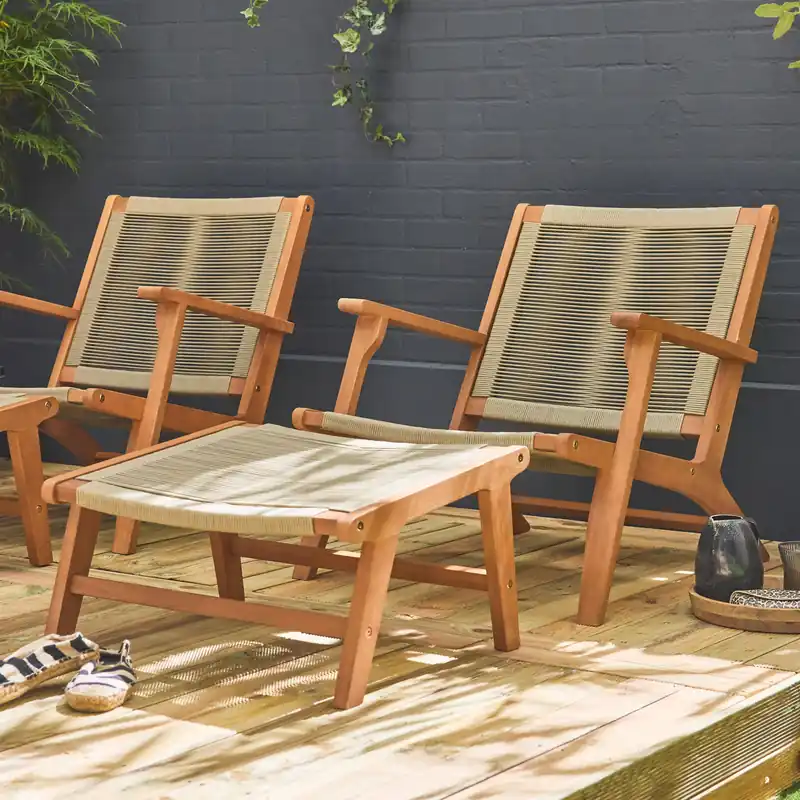 Silla de jardín de madera y cuerda con reposapiés, set de 2 - Tumbonas