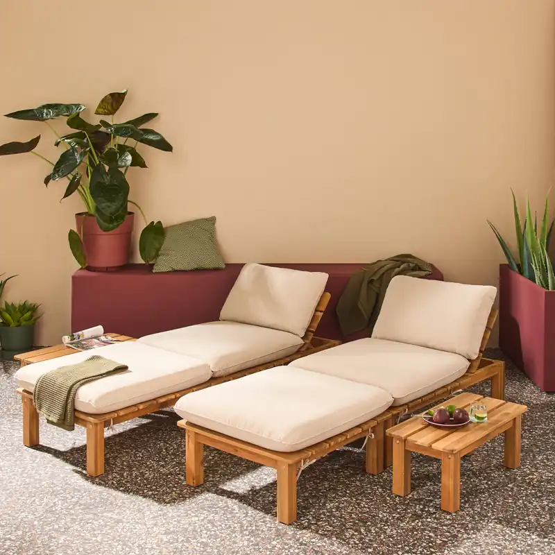 Conjunto de tumbonas modular de madera de acacia multiposición con mesas, set de 2