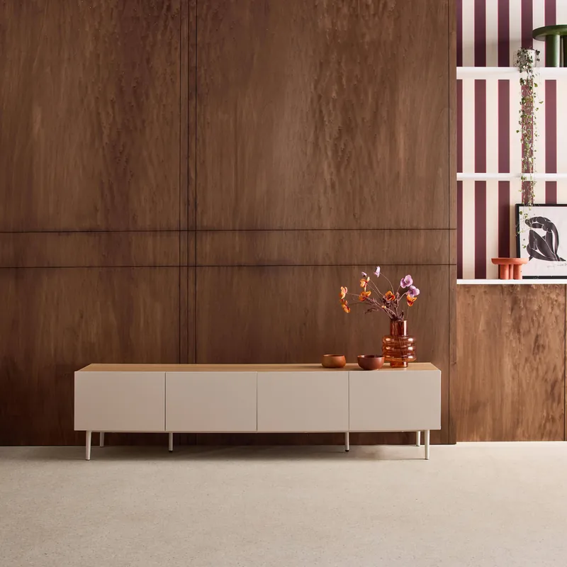 Mueble de TV de metal y decoración de madera con 4 puertas, 180 cm - Muebles de TV